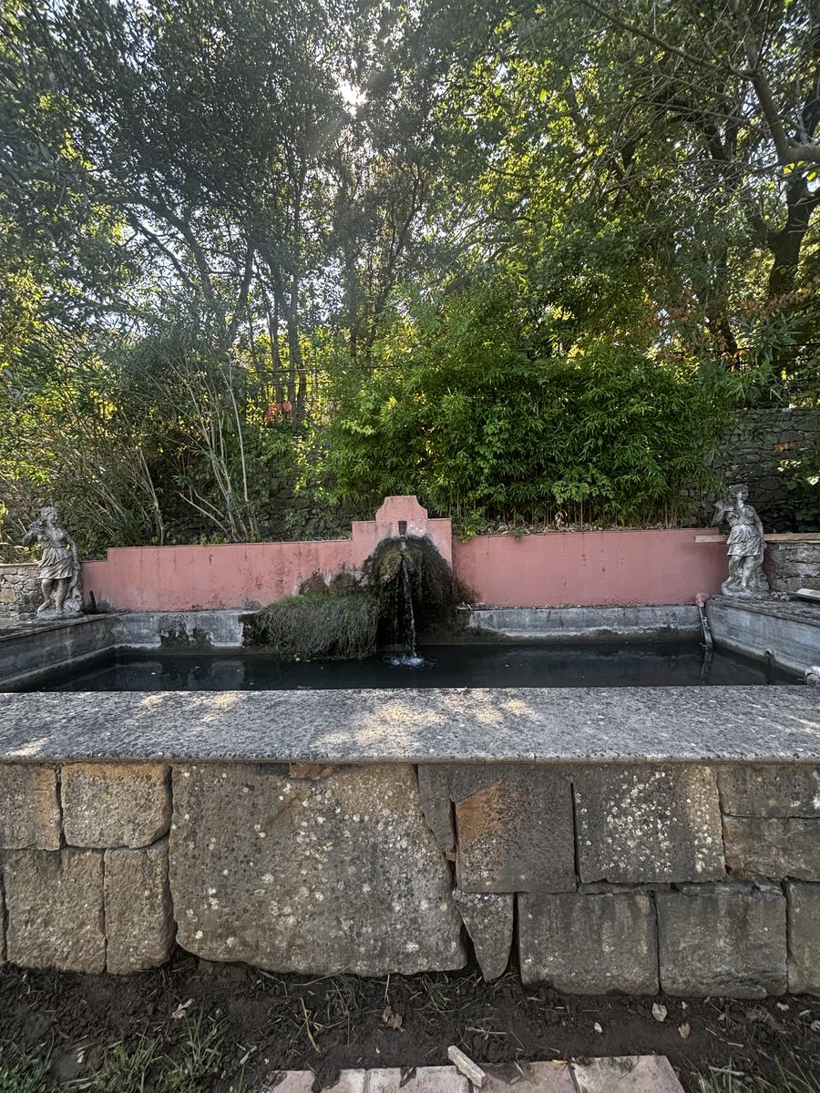 The pond and its moss-covered fountain, watched over by two statues.