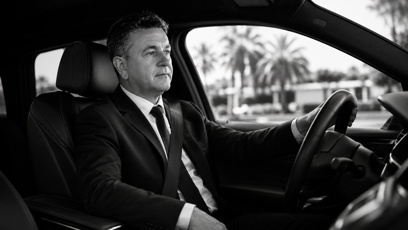 Chauffeur de Grande Remise de la Maison Vehira, en costume sombre, au volant d'une berline noire sur la Côte d'Azur.