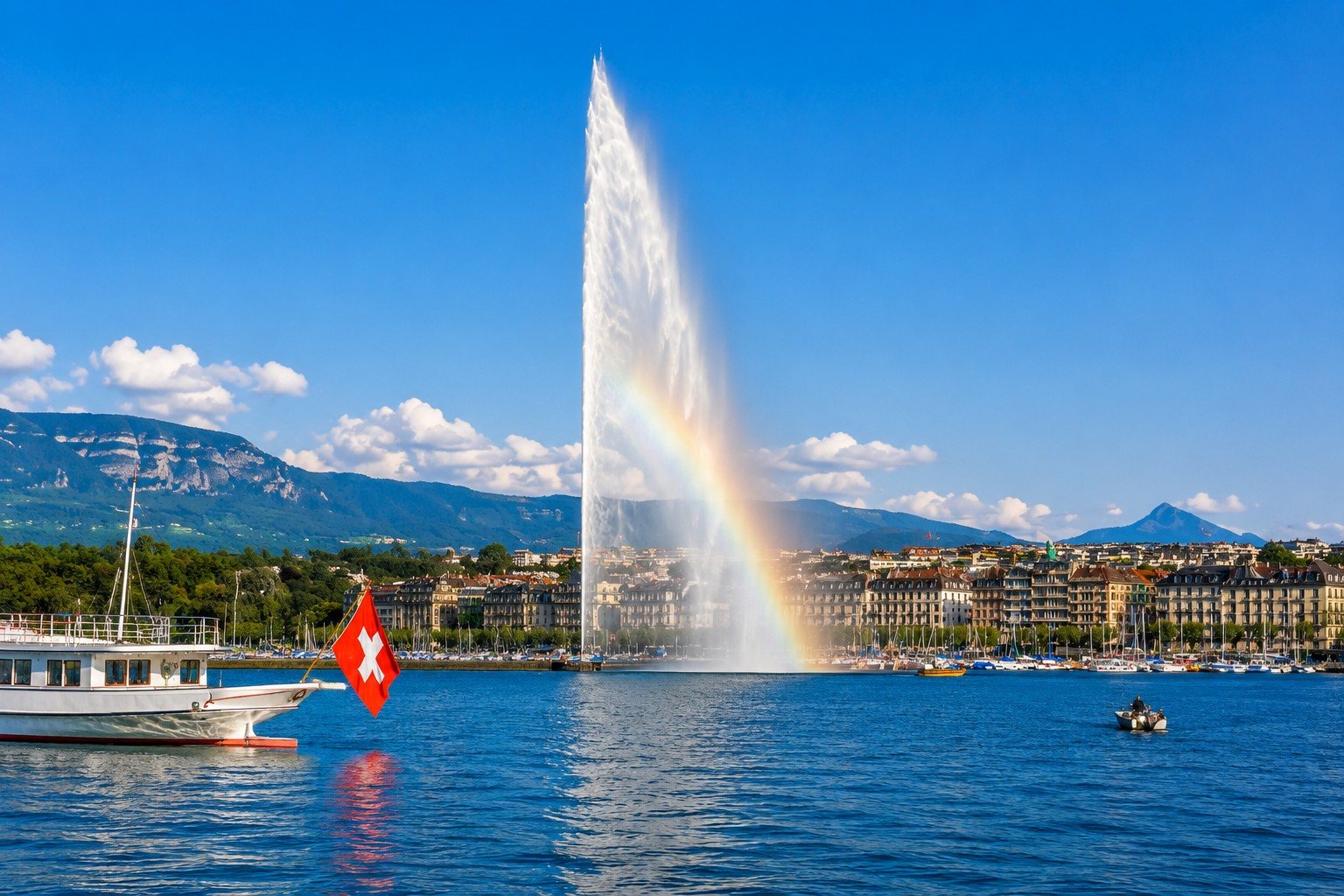 Geneva's Jet d'Eau on Lake Geneva — harbour, Belle Époque boat and quays, the Maison's Swiss stopover.