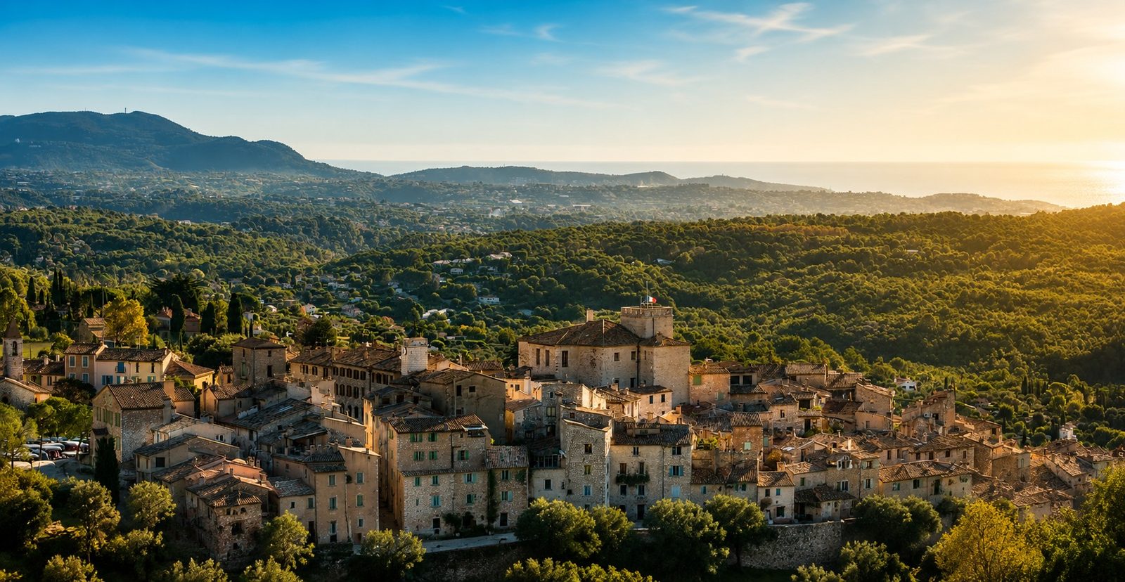 Le village perché de Tourrettes-sur-Loup au soleil couchant — maisons-remparts de pierre sur l'éperon rocheux, collines boisées et Méditerranée au loin.