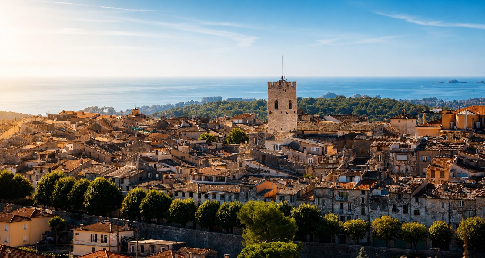 Vence vue depuis les hauteurs — la tour de la cité historique, les toits de la vieille ville et la Méditerranée à l'horizon.